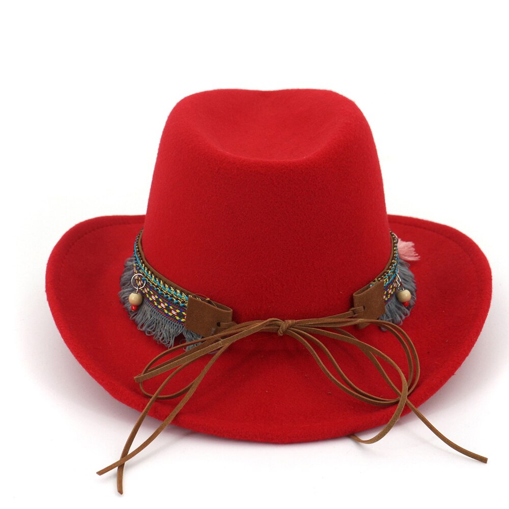 Women Wool Western Cowboy Hat With Tassel Ribbon Wide Brim Jazz Hat Sombrero Hombre Hat