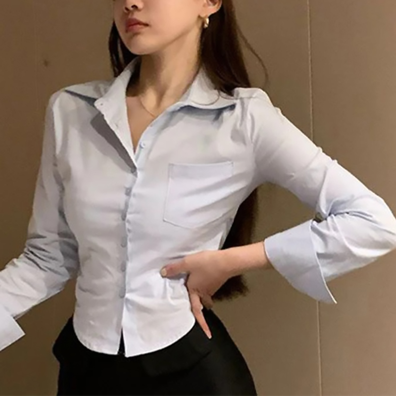 Camisa coreana blanca de oficina de gasa para mujer, blusa con solapa y botones de bolsillo para mujer, Tops cortos de manga larga para ir al trabajo para primavera: M / Azul