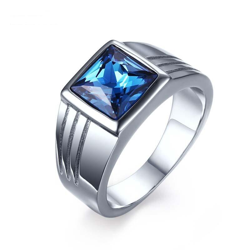 Mens Rings Stainless Steel Blue Cubic Zirconia Cut Ring Jewelry Wedding Band anel masculino bague