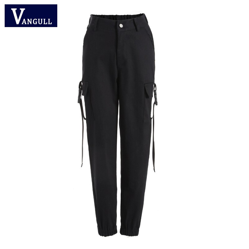 Vangull , ropa de calle de primavera, pantalones Cargo para mujer, Joggers casuales, pantalones negros de cintura alta, pantalones sueltos para mujer, pantalones Capri para mujer: Black / S