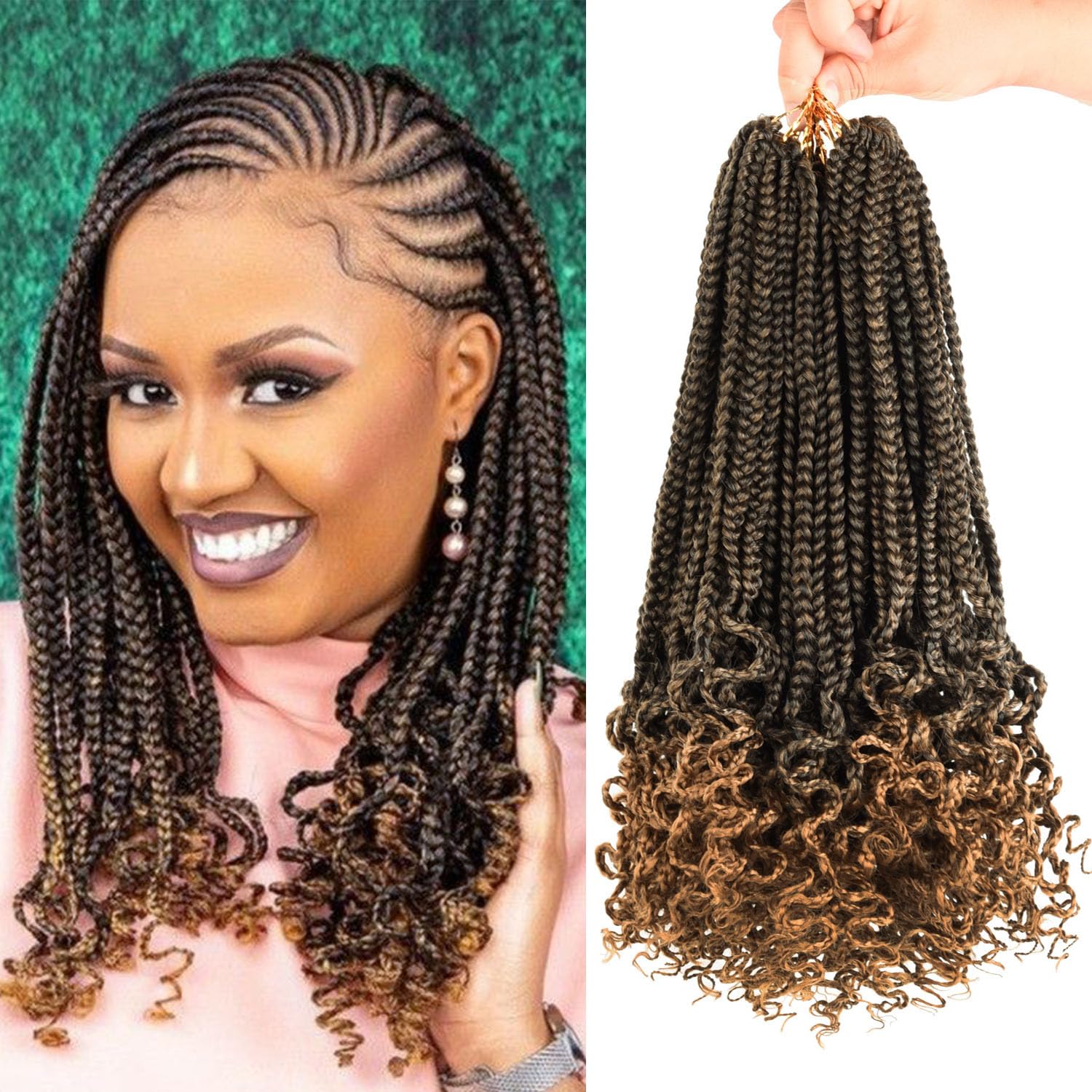Trenzas de caja sintéticas, pelo de ganchillo para mujeres negras con extremos rizados, extensiones de cabello con trenzas de ganchillo suaves preenrolladas 3X: T1B / 27 / 8 pulgadas / 6 unids/lote
