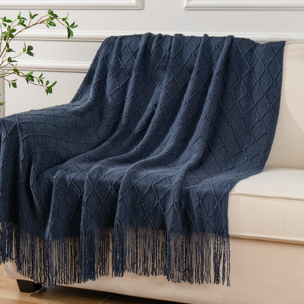 100% Acrylic Knitted Blanket Soft Red Throw Blanket with Tassels Cozy Light Solid Color bedding Blanket: Navy / 127x152cm