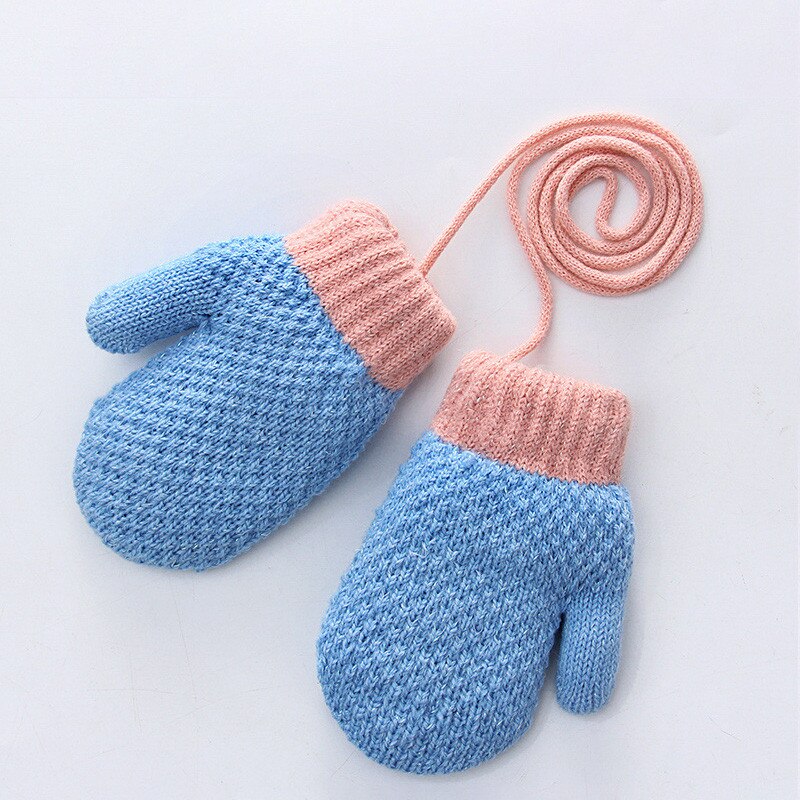 Los niños guantes de bebé guantes de lana de Merino bebé guante de terciopelo engrosamiento cálido caramelo lindo colgante de Color cuello chico guantes suaves: Blue