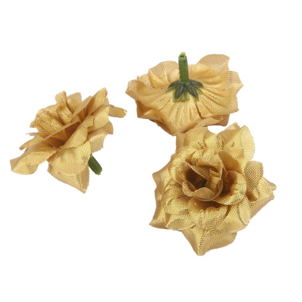 50 pcs Silk Roses Artificial Wedding Clips Wedding Decoration Flower Head (Golden)
