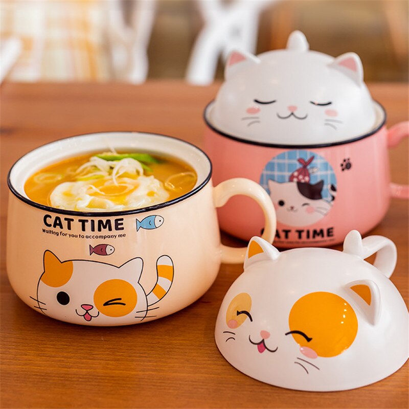 Cartoon Cat Bowl Ceramic Bowl Large Capacity Soup Bowl Kitchen Tableware Salad Bowl Ramen Noodle Bowl With Lid Spoon Fruit Bowl