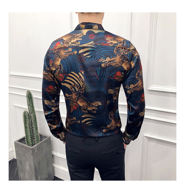 Animal Print Modeshow Vintage Shirt Mannen Camisa Masculina Slim Fit Club Party Prom Gedrukt Mens Shirt Chemise Homme