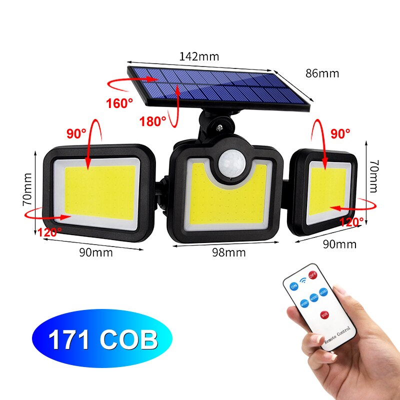 Super Bright Solar LED Light Outdoor Motion Sensor with Remote Control 270° Wide Angle Illumination Wall Lamp for Garden Garage: All-in-one 171 COB