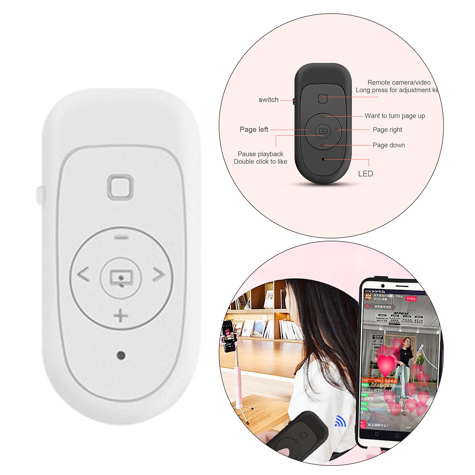 Bluetooth Afstandsbediening Control Shutter 10-15 M Bereik Voor Telefoon Foto &#39;S Draaien E-Book Vrouwen: WHITE