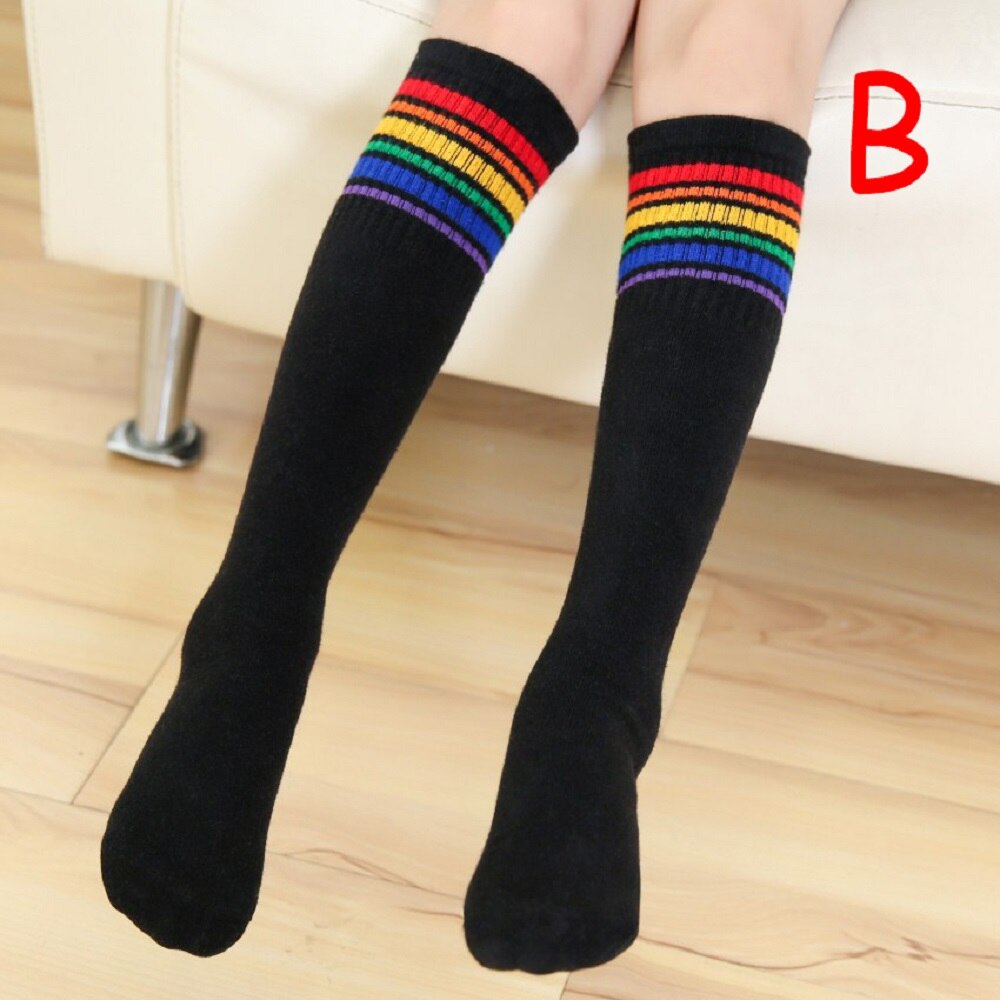 Girls Knee High Socks Kids Rainbow Stripes Printed Cotton Sports School Skate Children Baby Sweet Cute Plus Size Long Socks: B