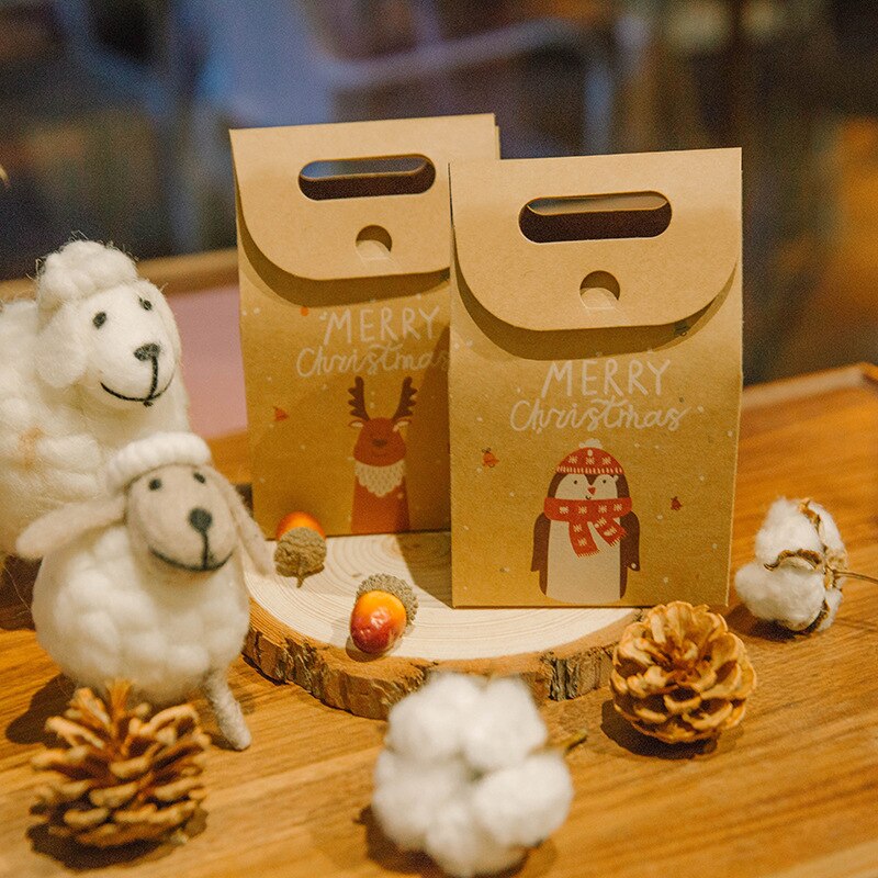 1Pcs Christmas cartoon kraft paper box retro kraft paper cartoon tote bag candy biscuit apple packaging tote bag
