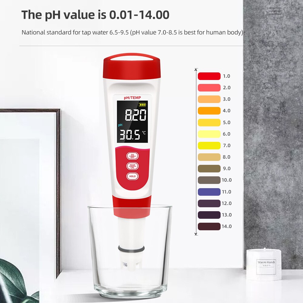 Digital PH Temp Meter Water Purity Tester Temperature Pen Acidometer Detector for Pool Laboratory Aquarium