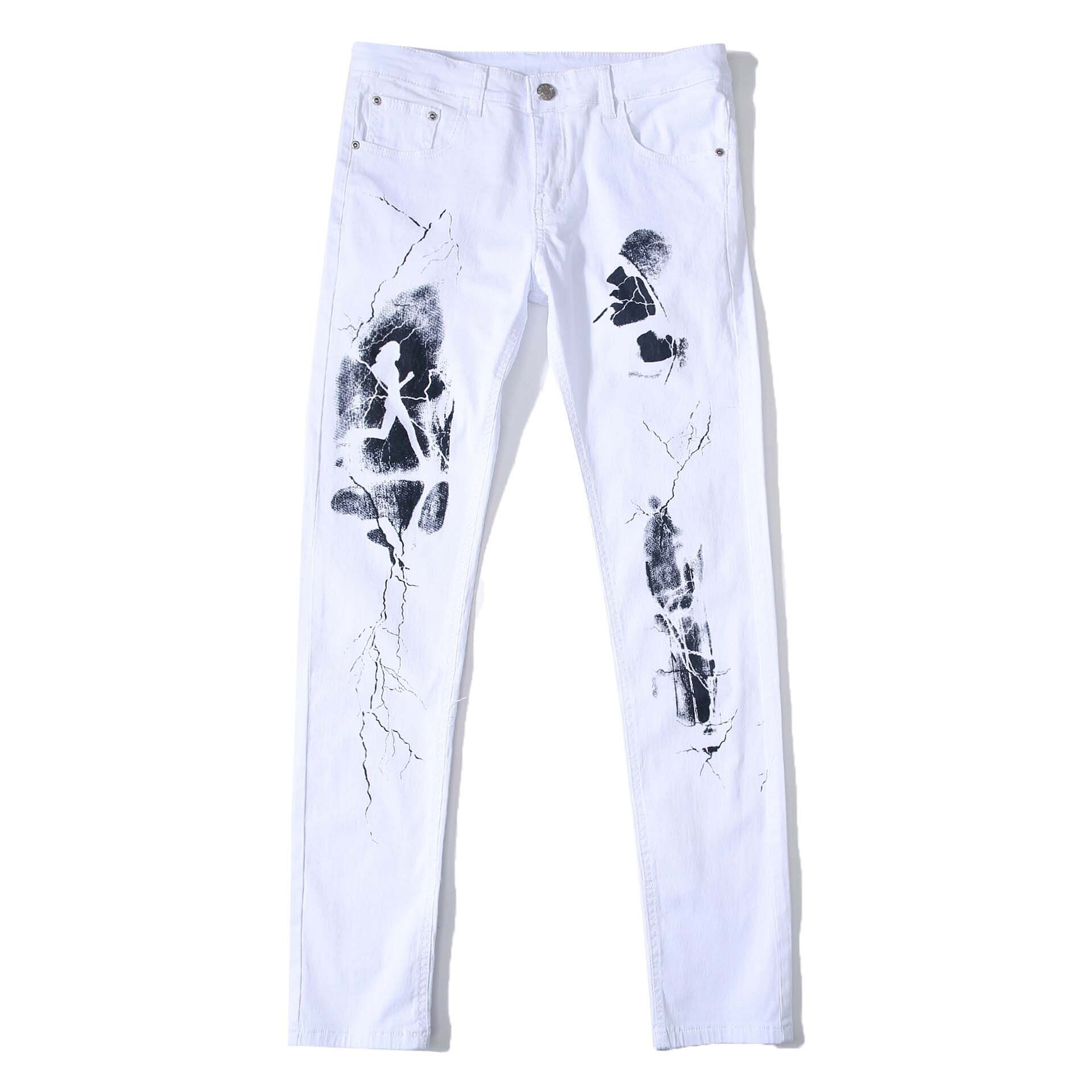 Pattern Printing Biker Jeans Men's Denim Trouser Elasticity Male Slim Pants Plus Size 42: 37
