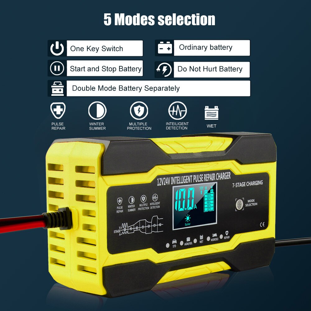 Full Automatic Car Battery Charger 12V 10 A 24V 5A Pulse Repair LCD Display Smart Fast Charge Deep Cycle GEL Lead-Acid Charger