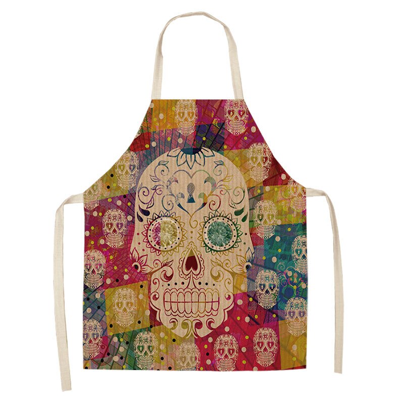 1Pc Skull Pattern Kitchen Chef Apron for Cooking Sleeveless Cotton Linen Aprons Adult Bibs Home Cleaning Accessories 53*65cm: R
