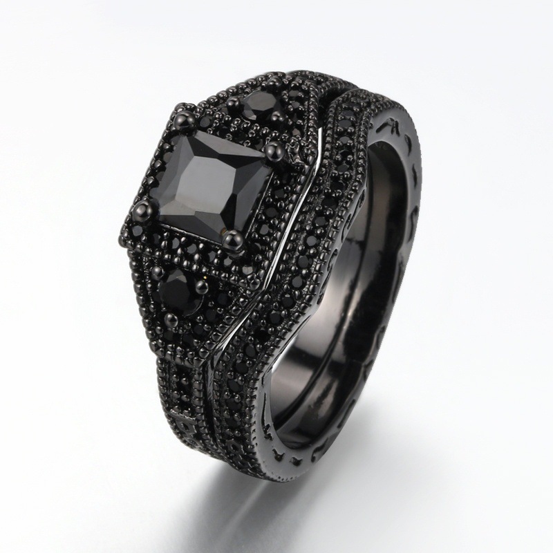 Anillos de pareja con dijes, conjunto de anillos románticos con diamantes de imitación negros para mujer, anillo de acero inoxidable con piedra CZ negra de dos filas para hombre, joyería de boda: 12 / Negro