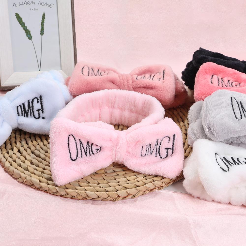 Soft OMG Letters Coral Fleece Wash Face Mix Color Bow Hair bands Clips For Women Girls Headbands Hair Styling Tool
