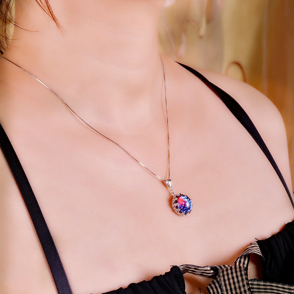 MosDream Drachen Atem Anhänger Halskette Feuer Opal Runde Cabochon 13mm Jahrgang Elegante für Frauen Blau Licht Halskette
