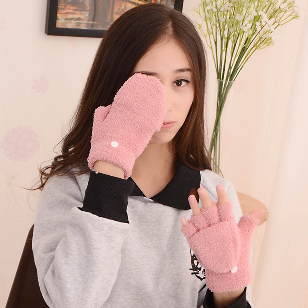 Coral Fleece Knit Half Finger Flip Cuff Mitten Boy / Girl Winter Plus Velvet Thick Warm Writing Glove