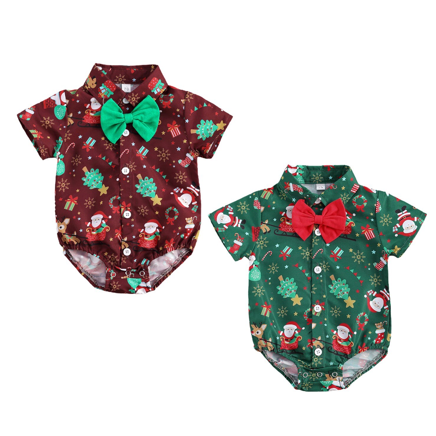 Newborn Baby Boys Summer Christmas Romper Short Sleeve Bow-tie Cartoon Pattern Jumpsuits for Kids Baby Boys