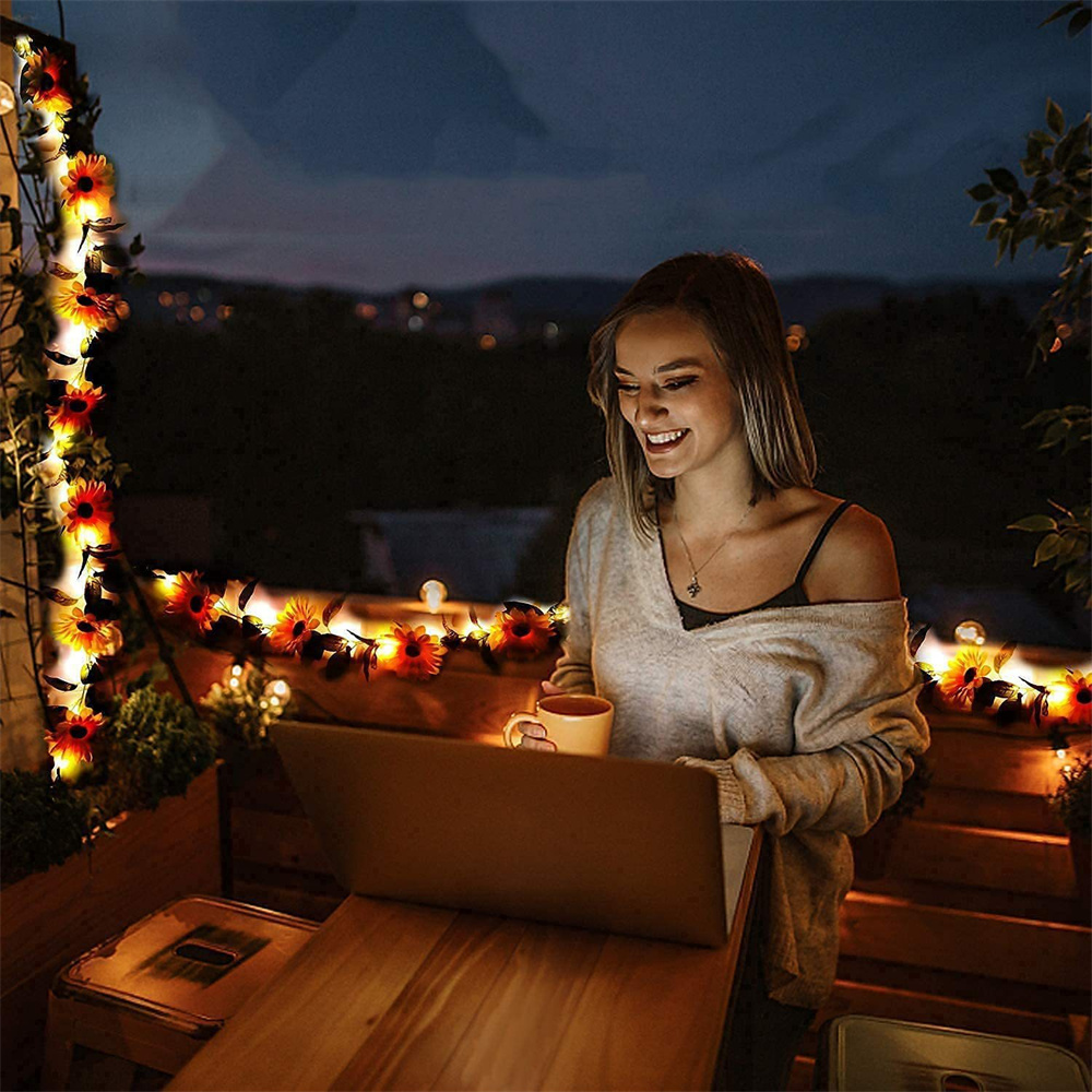 Guirnalda de luces LED para decoración de interiores y exteriores, guirnalda de luces de vid de hadas, a prueba de agua, girasol Artificial, funciona con energía Solar y con batería