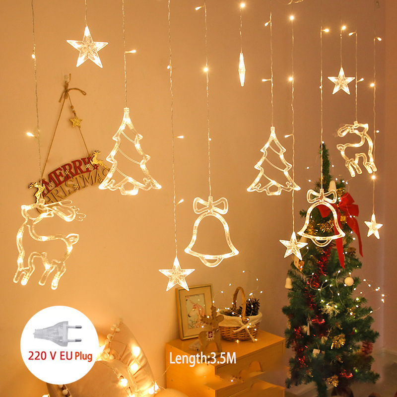 Cortina de luces LED con forma de ciervo, Estrella y Luna, guirnalda de luces de colores para Navidad, decoración de Año , para exteriores, hogar, boda, , 220V: warm deer bell