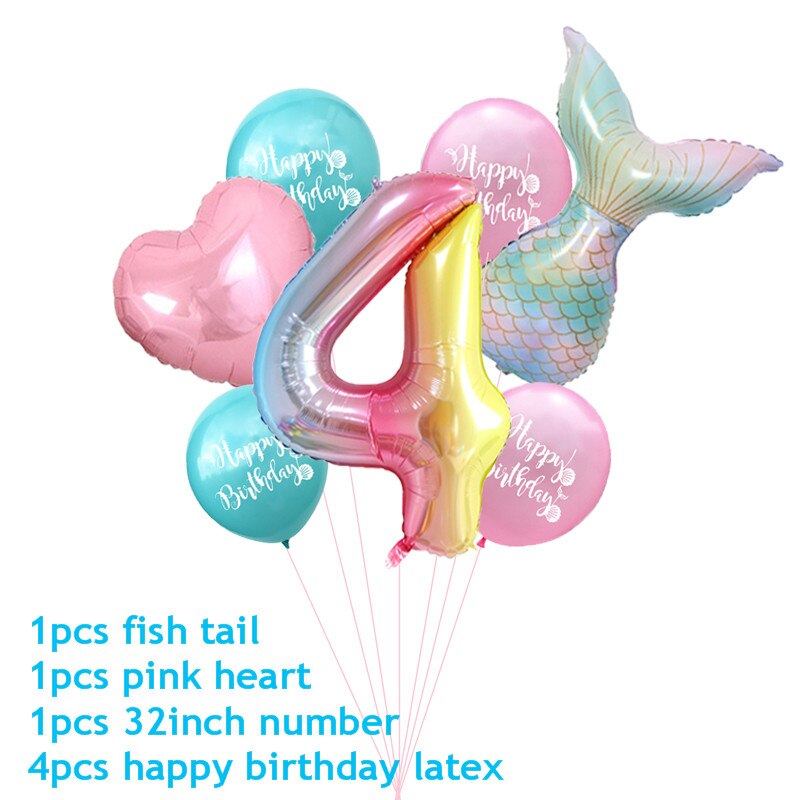 7pcs/lot Mermaid Party Balloons Number Foil Balloon Kids Birthday Party Decorations Baby Shower Decor Helium Globos supplies: 4