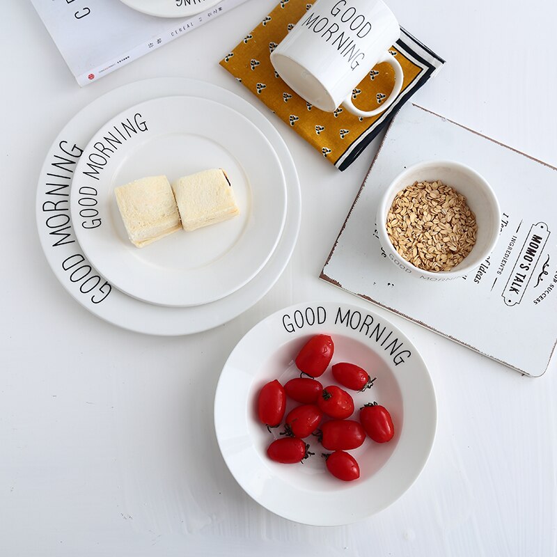 Nordic breakfast plate good morning alphabet coffee cup dessert bowl set mugs ceramic spoon salad bowl mixing bowl soup bowls