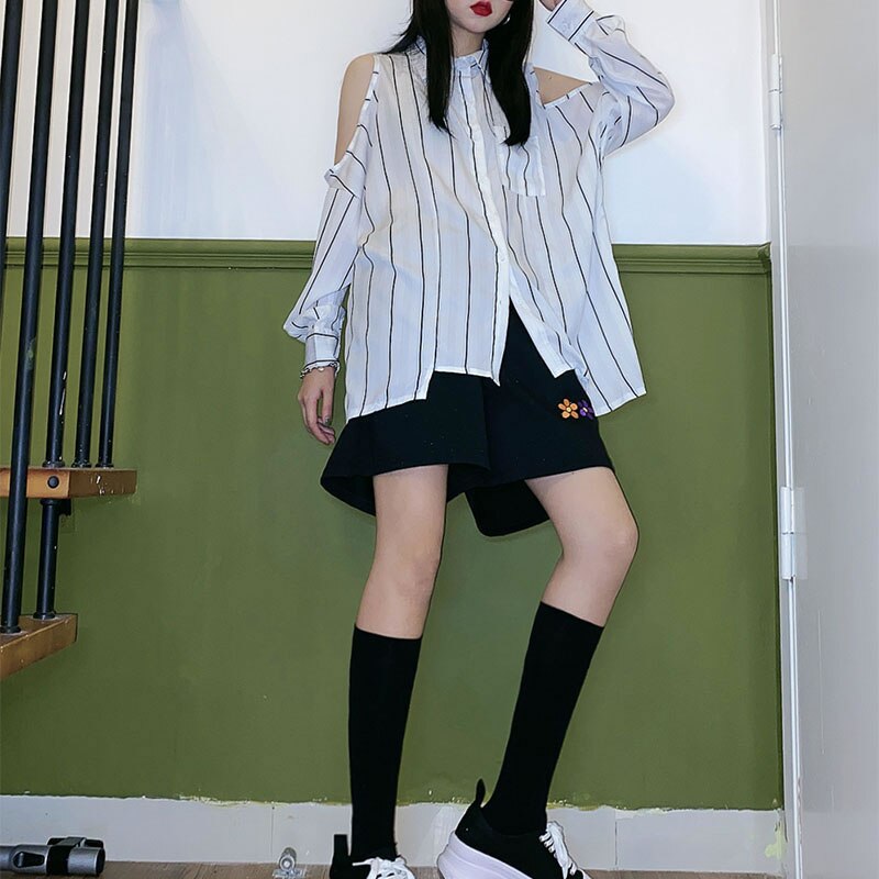 Xitao uregelmæssig off shoulder top stribet bluse dame tøj sommer løs afslappet turn down krave top  zp1272