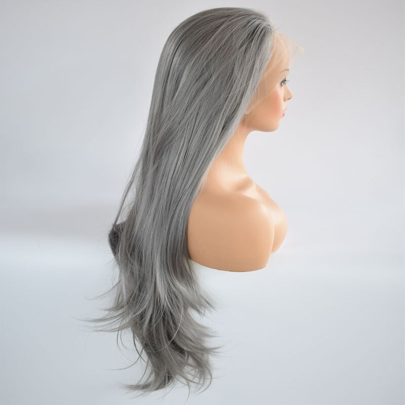 Peluca con malla frontal sintética recta Natural gris oscuro sin pegamento de fibra resistente al calor para pelucas de mujer