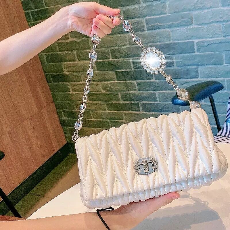 Kunst und weise Faltete Handtasche Dimonds Gitter Abend Party Handtasche Einzelnen Schulter Kette Tasche Umhängetasche Weichen PU Leder