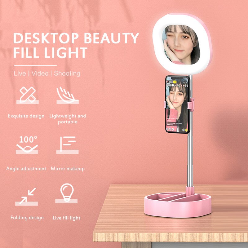 Dimmbare LED Ringlicht - Tragbare Selfie Lampe mit Spiegel & Handyhalterung - USB - 3 Farben, 5 Stufen