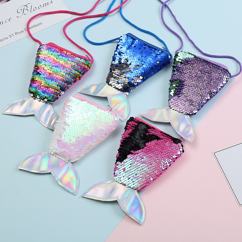 Söt unge flicka färgglad förändring paljett sjöjungfru bling bling svansväska plånbok handväska påse anteckningsfodral