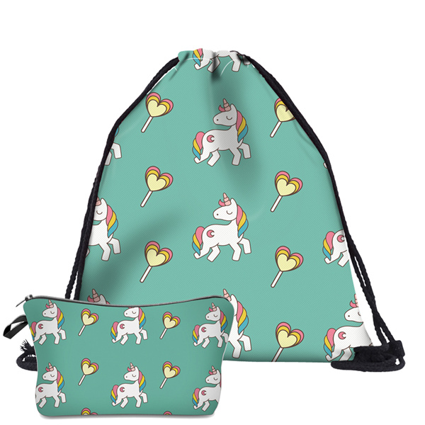 Deanfun mochilas escolares fofas de cordão, 2 peças, unicórnio, estampado, multifuncionais para meninas