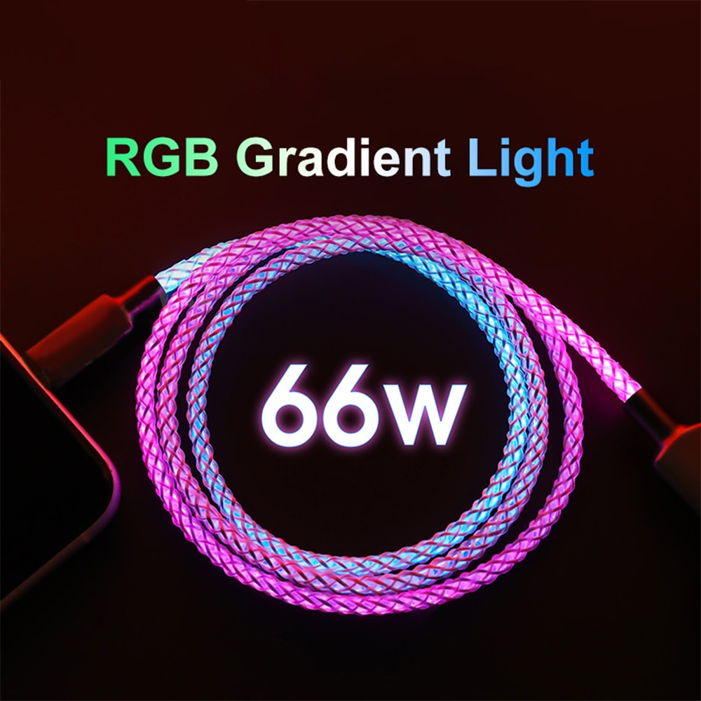 66W 6A Super Charge Soort C Kabel Led Rgb Gradiënt Licht Snel Opladen Usb C Draad Voor Iphone Huawei xiaomi Type-C Gloeiende Lijn