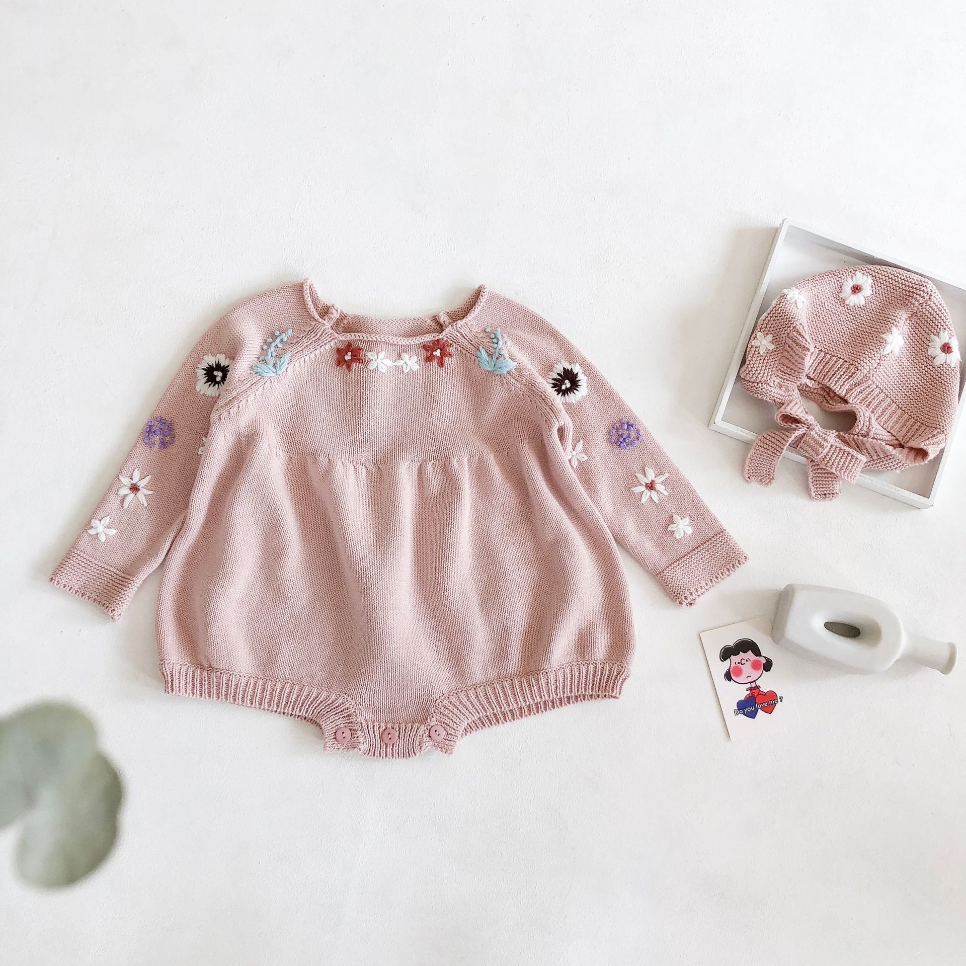 0-2y bebê meninas camisola de malha bodysuit 2020 outono bonito bordado flor manga longa uma peça conjunto bodycon com gorro bonés: A / 66