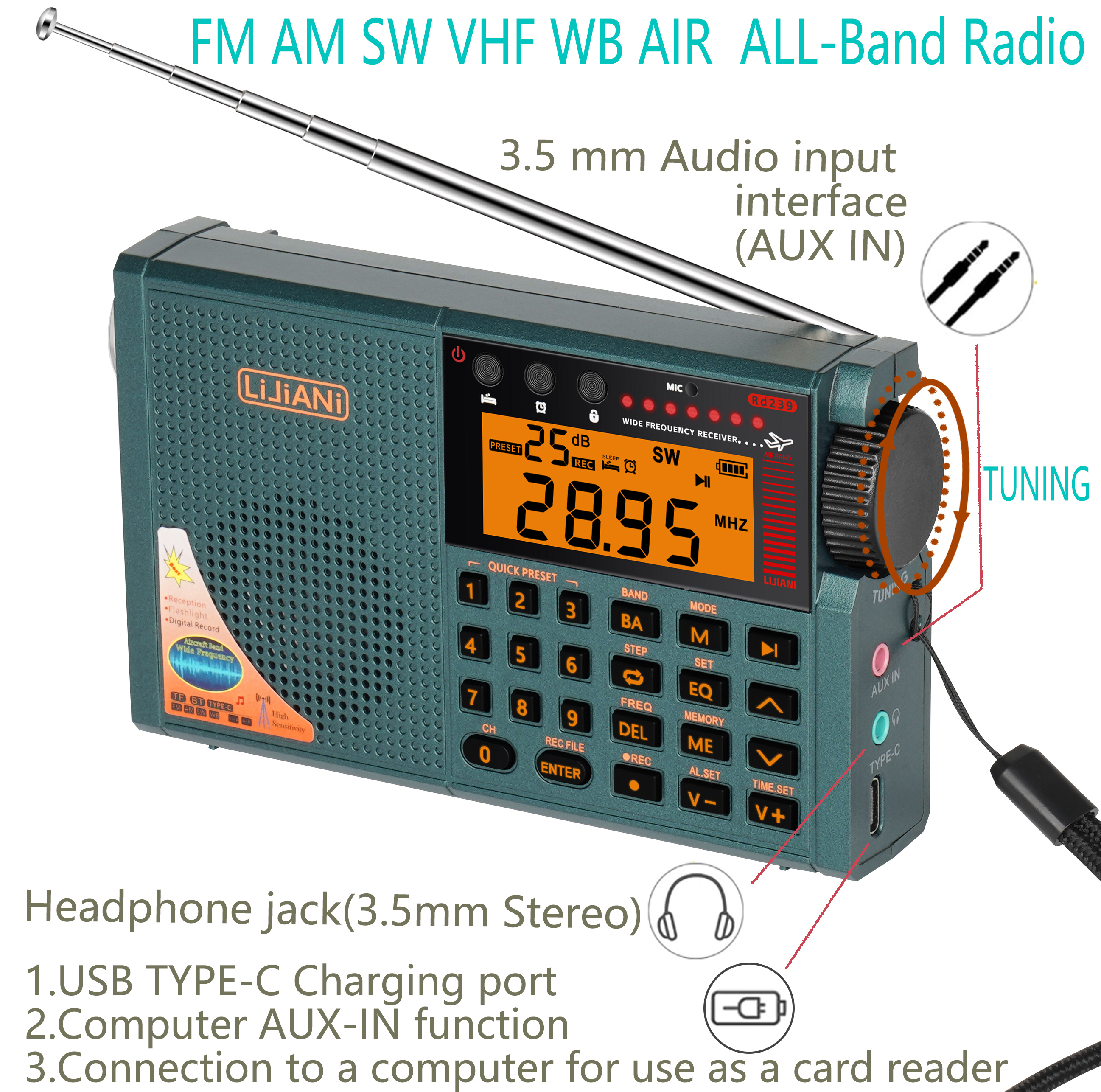 ver v3.3 Shortwave Radio AIR/VHF/AM/FM/SW/WB Bands Transistor with Bluetooth/TF Card/Flashlight,MP3 Player, Digital Record