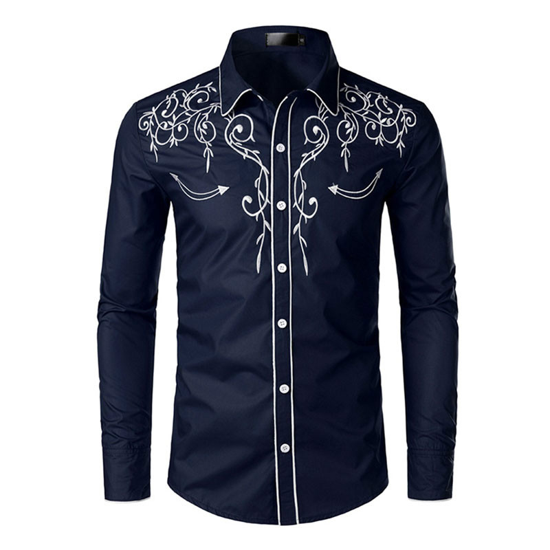 Western Cowboy Borduren Shirts Mannen Casual Lange Mouwen Slim Fit Shirt Mannelijke Bruiloft Sociale Mannen Club Prom Chemise homme: Navy blue / Xl