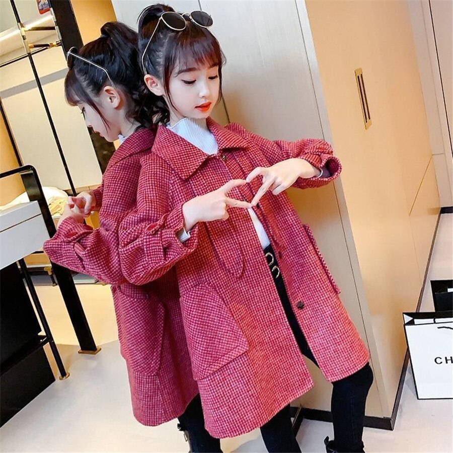 Autumn Coat For Girls Woolen Jacket For Girls Plaid Kids Outerwear Autumn England Teenage Clothes For Girls School