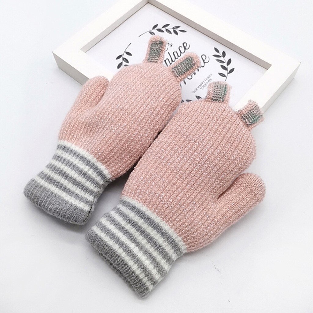 Cartoon Rabbit Knitted Gloves For Children Kids Boys Girls Carrot Applique Patchwork Hand Gloves Winter Warm Full Finger Mittens