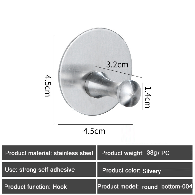 1PC SUS304 Robe Hooks Strong Self Adhesive Bathroom Stainless Steel Hook Wall Hangers Coat Towel Rustproof Hooks Kitchen Hardwar: Round Silver 004