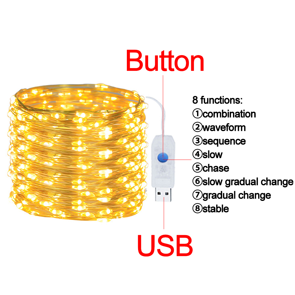 Guirnaldas de luces Led operadas por USB, 8 modos, guirnalda de luces LED de alambre de cobre IP65, guirnalda impermeable, decoración para de boda y Navidad DIY