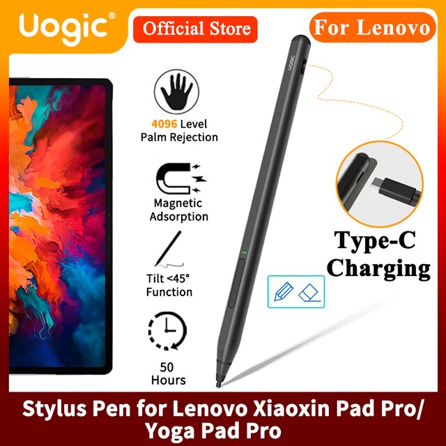 Uogic Stylus Pen for Lenovo Xiaoxin Pad Pro, 4096 Pressure Sensitivity, Palm Rejection, for Lenovo YOGA Pad Pro/Tab P11 Pro: Black-Type-C