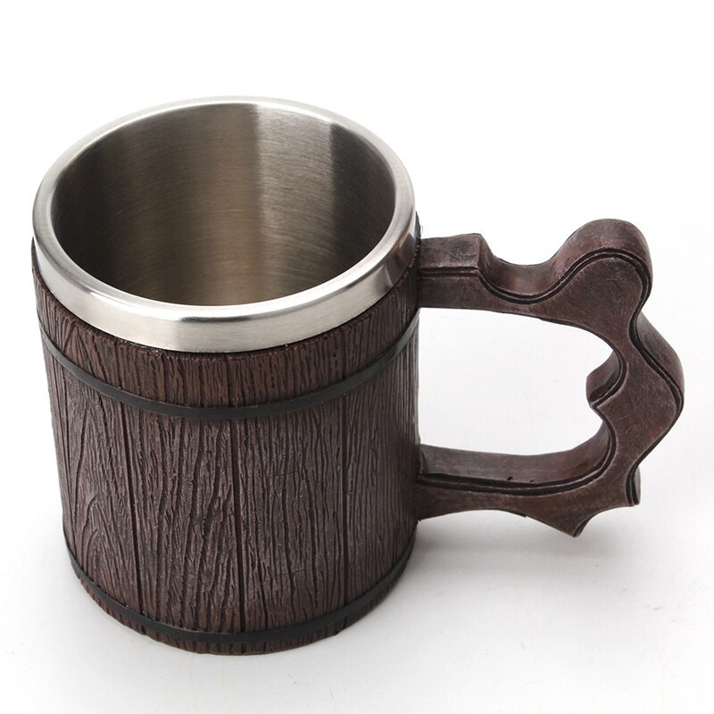 Wood Beer Mug 450Ml Simulation Wooden Barrel Mug Office General Resin Stainless Steel Liner Water Cup