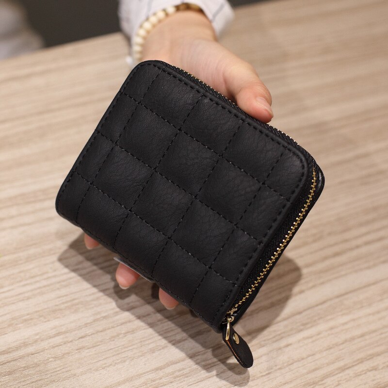 PU Leather Women Wallets Women Plaid Short Wallet Frosted Card Holder Wallet Woman Small Zip Wallet Coin Purse: Black