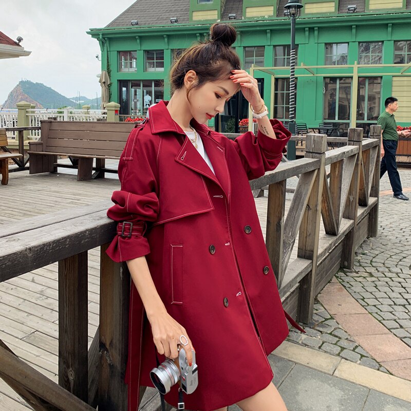 FTLZZ Autumn Winter Female Trench Turn-down Collar Double Breasted Coat Vintage Belt Solid Trench Outwear: Red / L