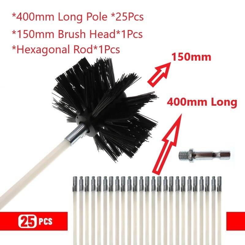 150mm Rotary Chimney Brush Long Handle Flexible Rod For Chimney, Dryer Pipe，Fireplace Inner Wall And Roof Cleaning Tools: 25Pcs 400mm Pole