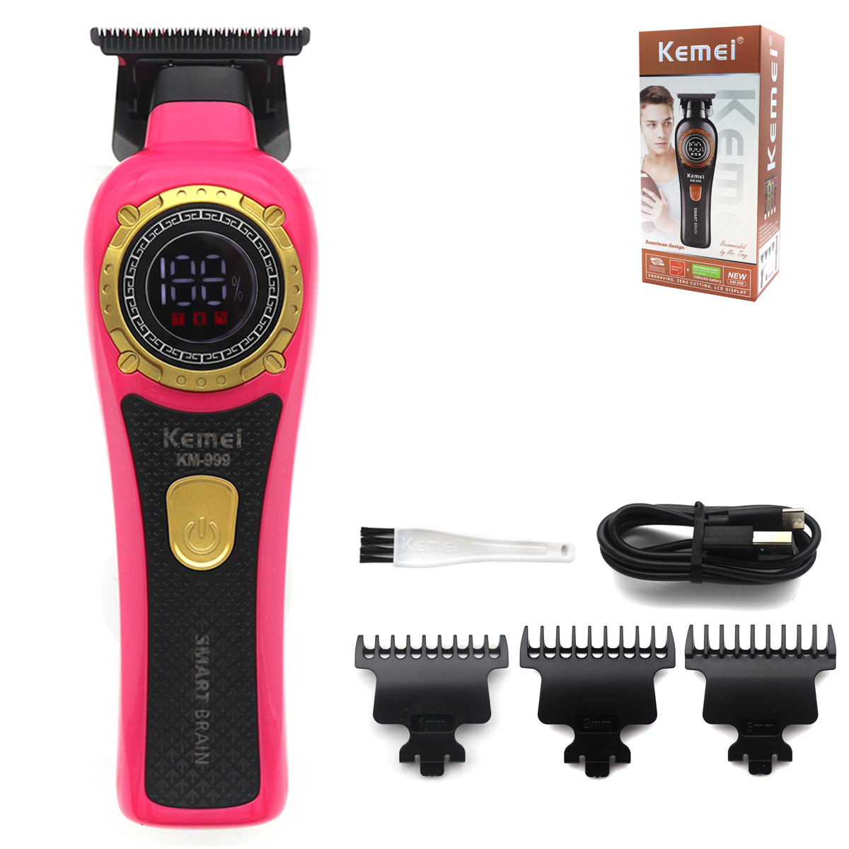 Kemei KM-999 Hair Trimmer for Men DLC T-Blade Zero Gapped LED Display Cordless USB Hair Clipper Finishing Machine: Ivory