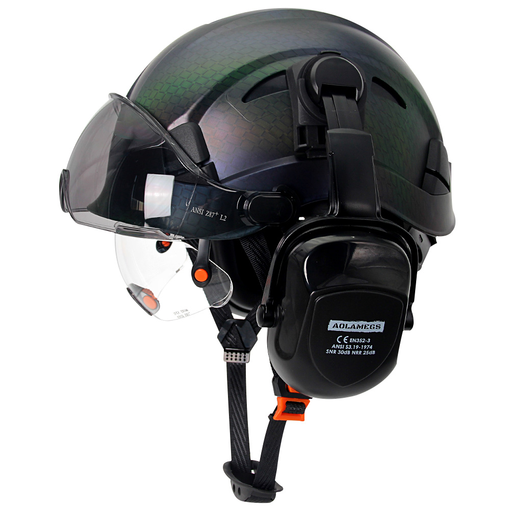 Schutzhelm mit Visiere, integrierte Schutzbrille, verbesserte Ohrenschützer-Rauschunterdrückung für Ingenieure, ABS-Schutzhelm, ANSI-Industrie-Arbeitskappe