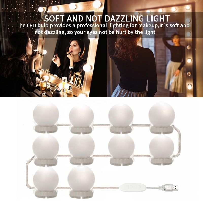 LED Makeup Mirror with led lihgt Vanity mirror Light Bulbs Kit USB Charging Cosmetic Mirrors Bulb Adjustable Brightness lights