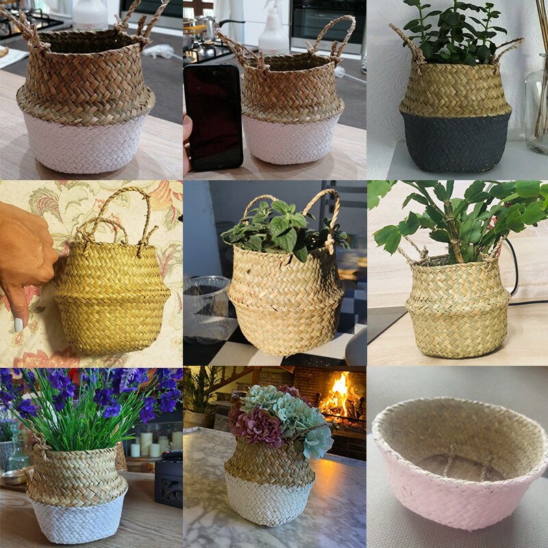 Flower Pot Storage Basket Rattan Straw Basket Seagrasss Wicker Folding Laundry Flower Vase Garden Hanging Basket Wedding